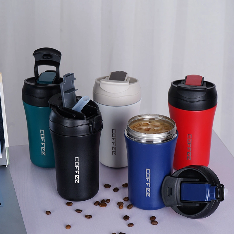 400ml Custom Logo Coffee Vacuum Thermos Stainless Steel Coffee Mug with Soft Straw